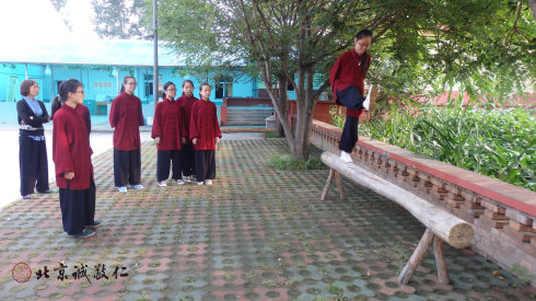 太極三寶步步禪，學(xué)員在平衡木上體會(huì)貓步的妙用。